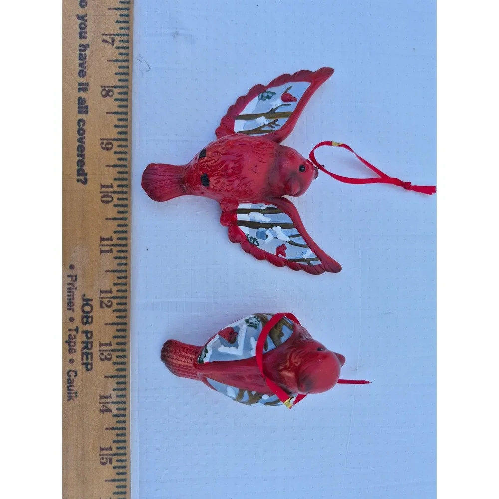 Red Cardinal Christmas Ornaments Set of 2 Winter Scene Hand Painted Bird Decor